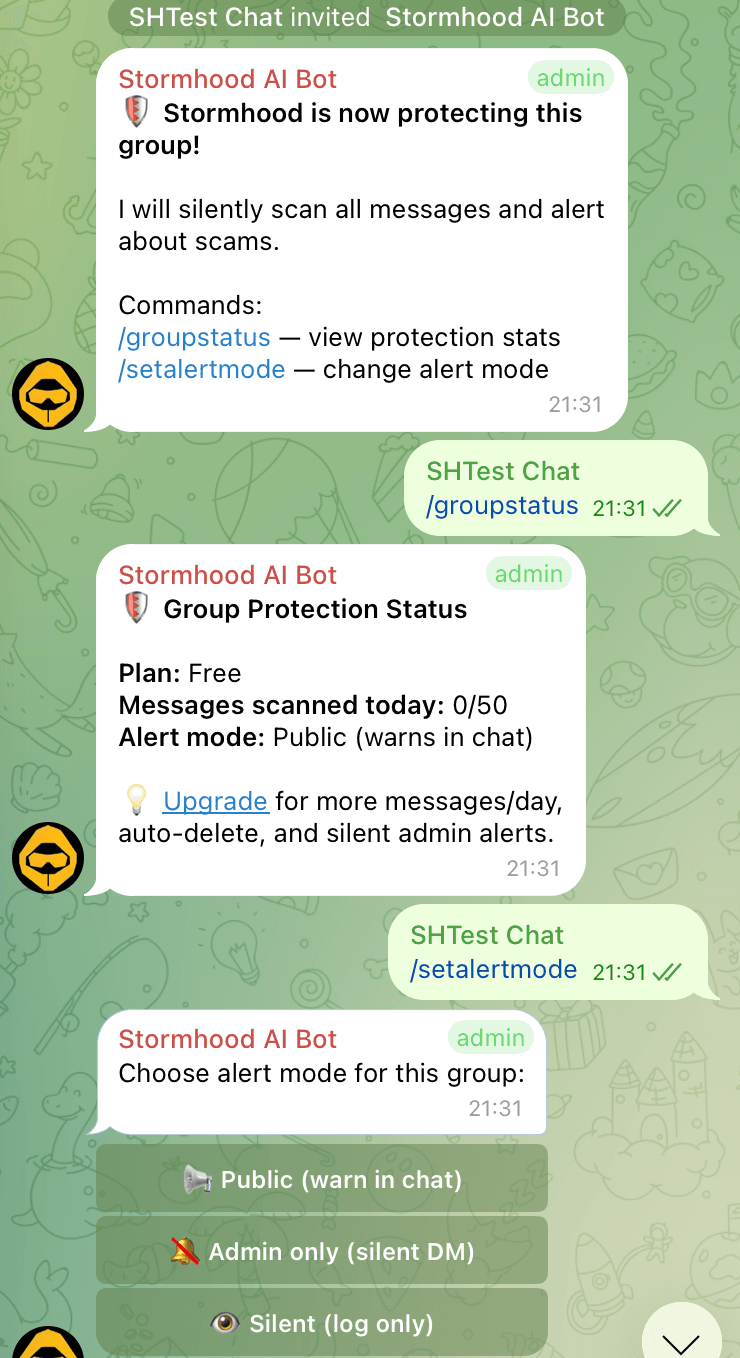Stormhood Telegram Group Guard protection preview
