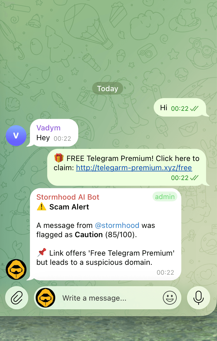 Stormhood AI Telegram bot real-time message analysis